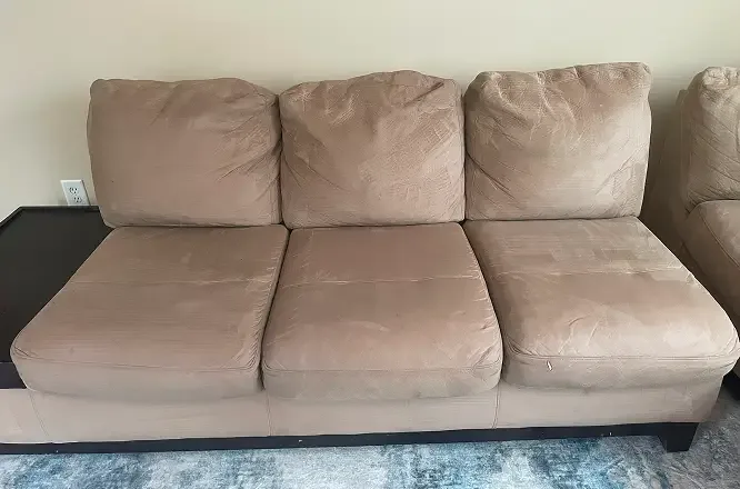 Three seater microsuede sofa looking new after professional upholstery cleaning in Adelaide
